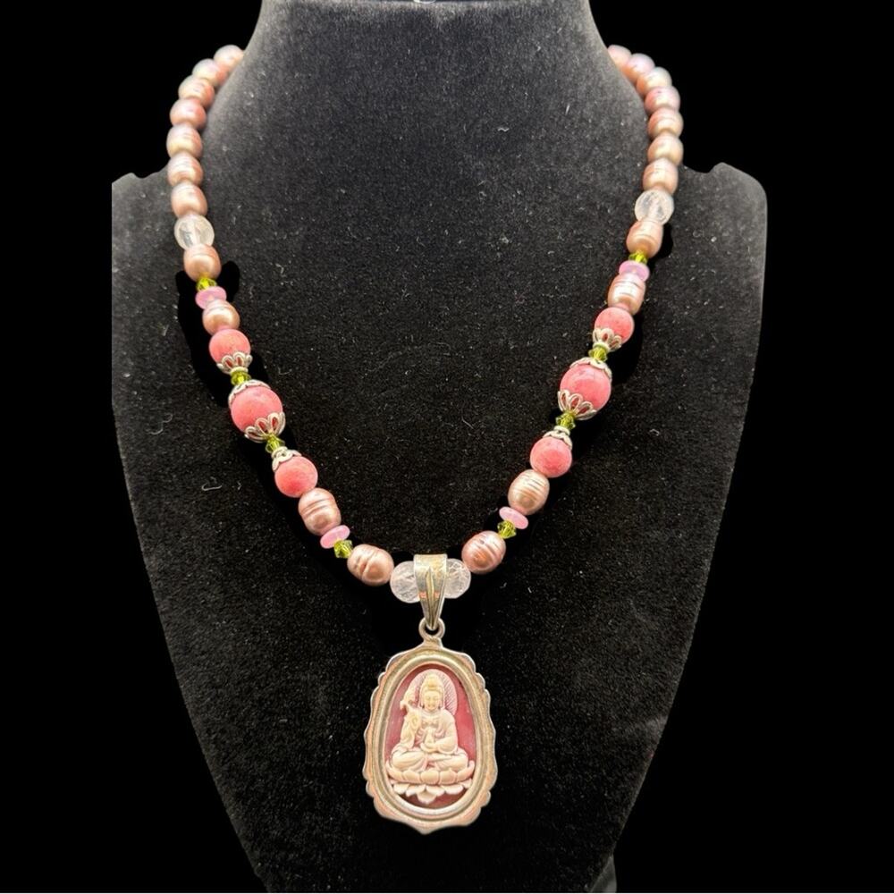 Sterling Silver 925 Quartz Pearl Beaded Necklace with Green Tara Pendant 10”drop